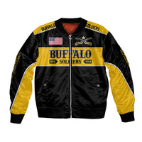 Unisex black and gold bomber jacket with front zipper and Buffalo Soldiers graphic