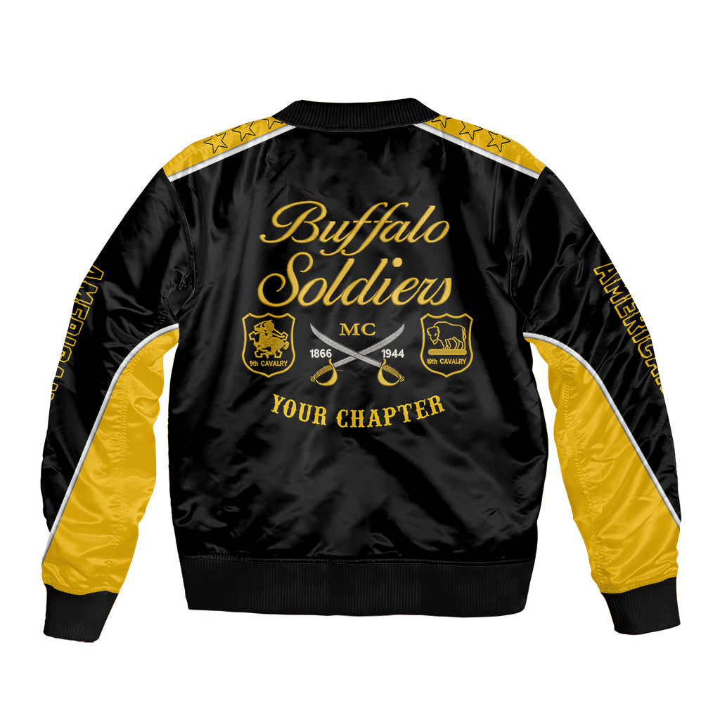 Unisex black and gold bomber jacket with gold Buffalo Soldiers back print and ribbed hem