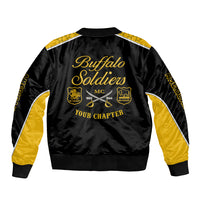 Unisex black and gold bomber jacket with gold Buffalo Soldiers back print and ribbed hem