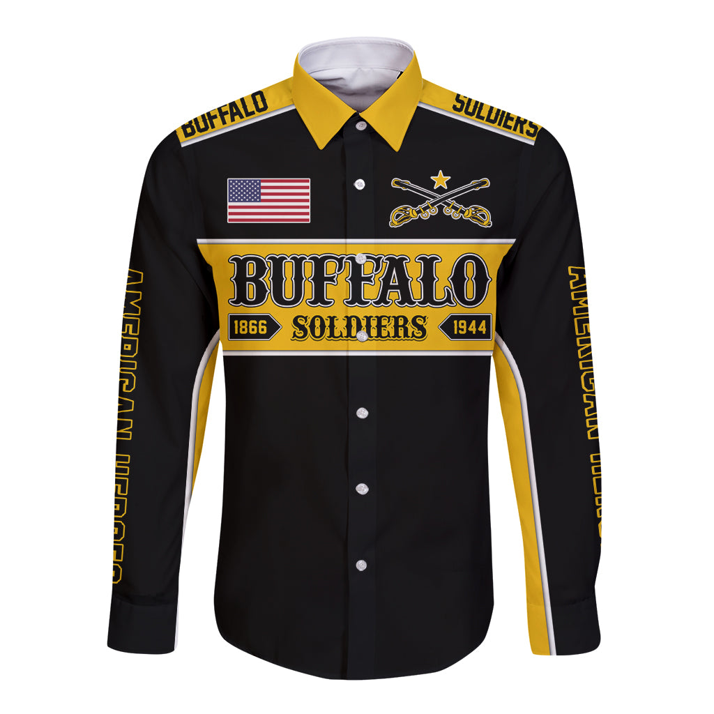 Black long-sleeve button shirt with yellow/gold collar and front Buffalo Soldiers graphic