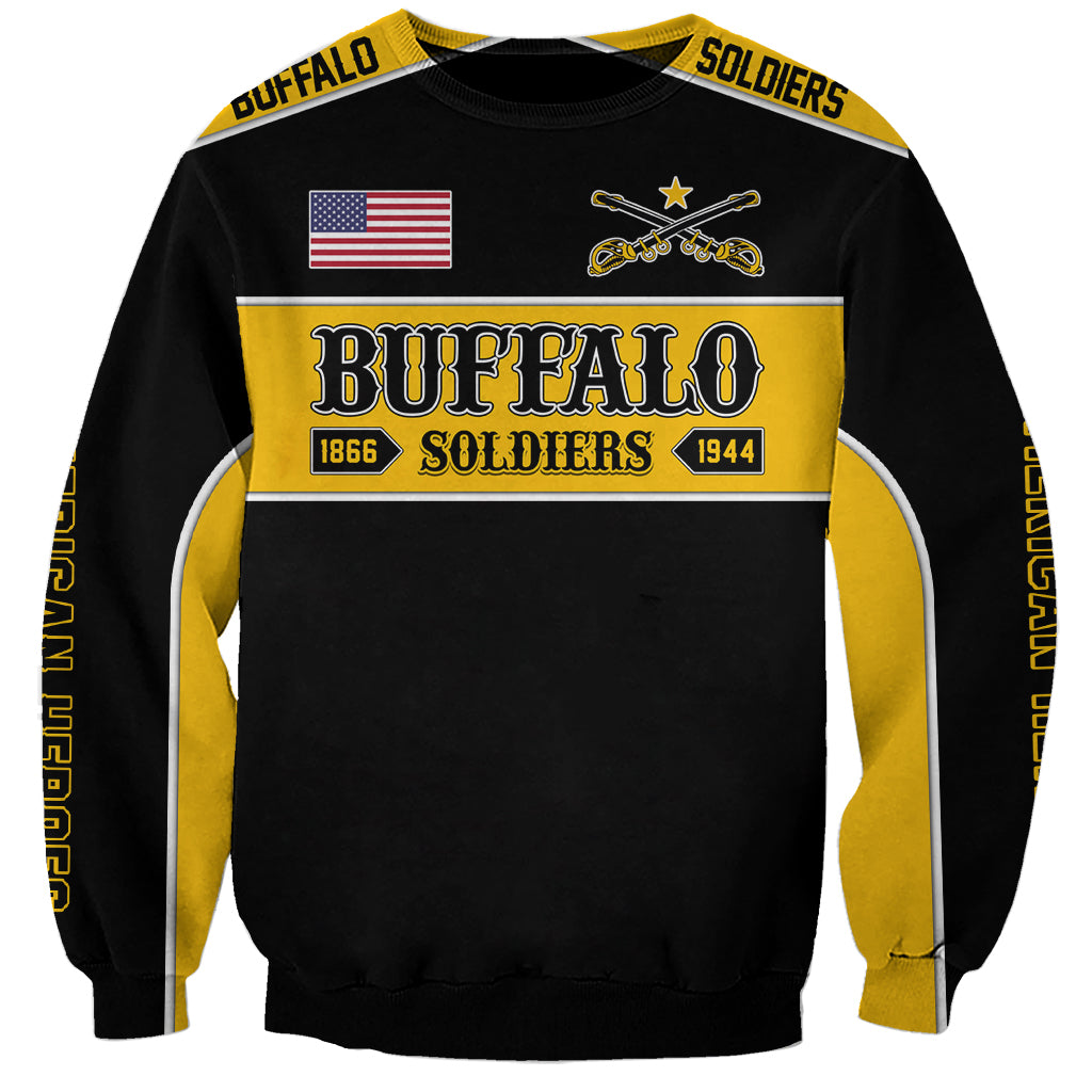Black crewneck sweatshirt with gold and white Buffalo Soldiers graphic front panel