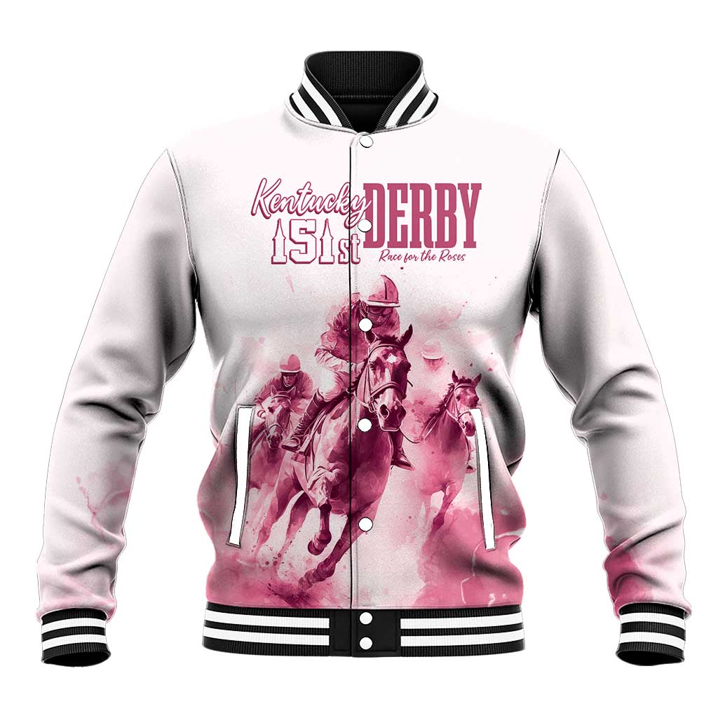 Pink and white baseball jacket with zip front, ribbed collar, horse racing print on chest