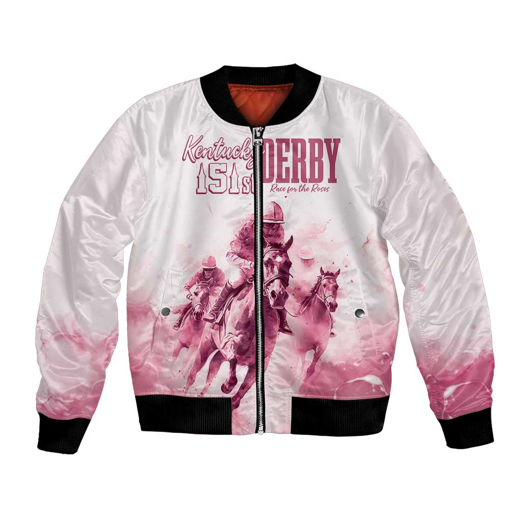 Pink and white bomber jacket with black ribbed cuffs and front horse racing graphic