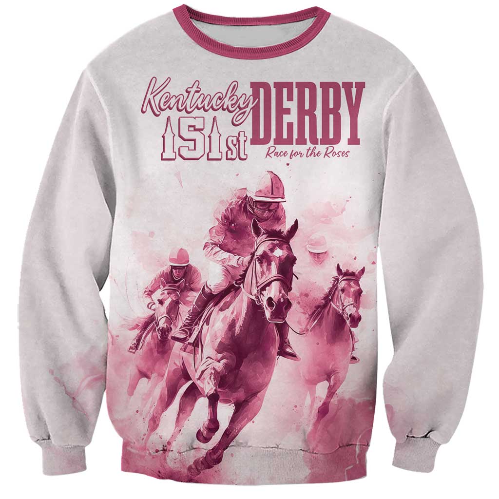 Personalized horse racing sweatshirt, grey with pink Kentucky 151st Derby graphic