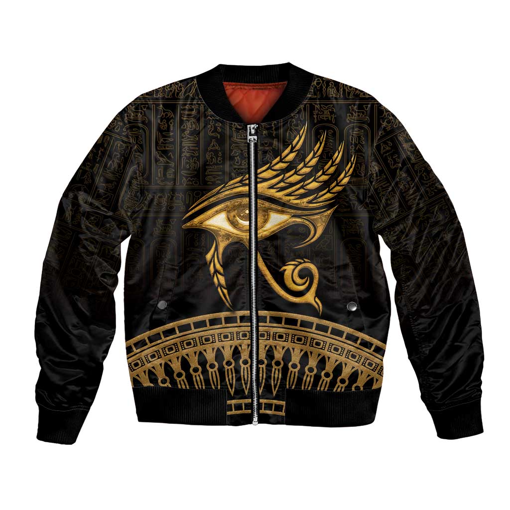 Ancient Egypt Eye of Horus Bomber Jacket Gold Intricate Feathers