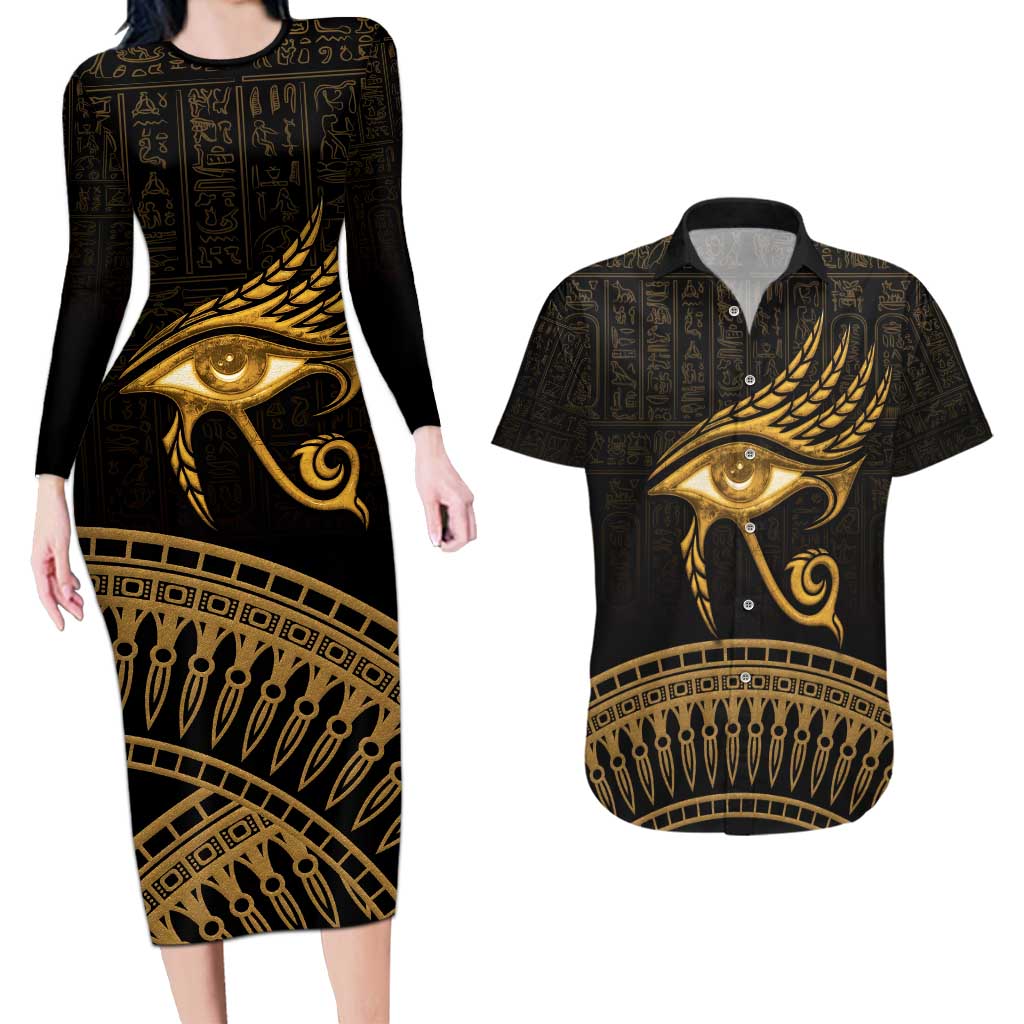 Ancient Egypt Eye of Horus Couples Matching Long Sleeve Bodycon Dress and Hawaiian Shirt Gold Intricate Feathers