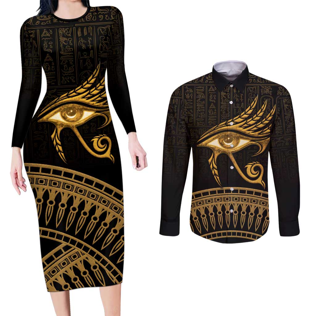 Ancient Egypt Eye of Horus Couples Matching Long Sleeve Bodycon Dress and Long Sleeve Button Shirt Gold Intricate Feathers