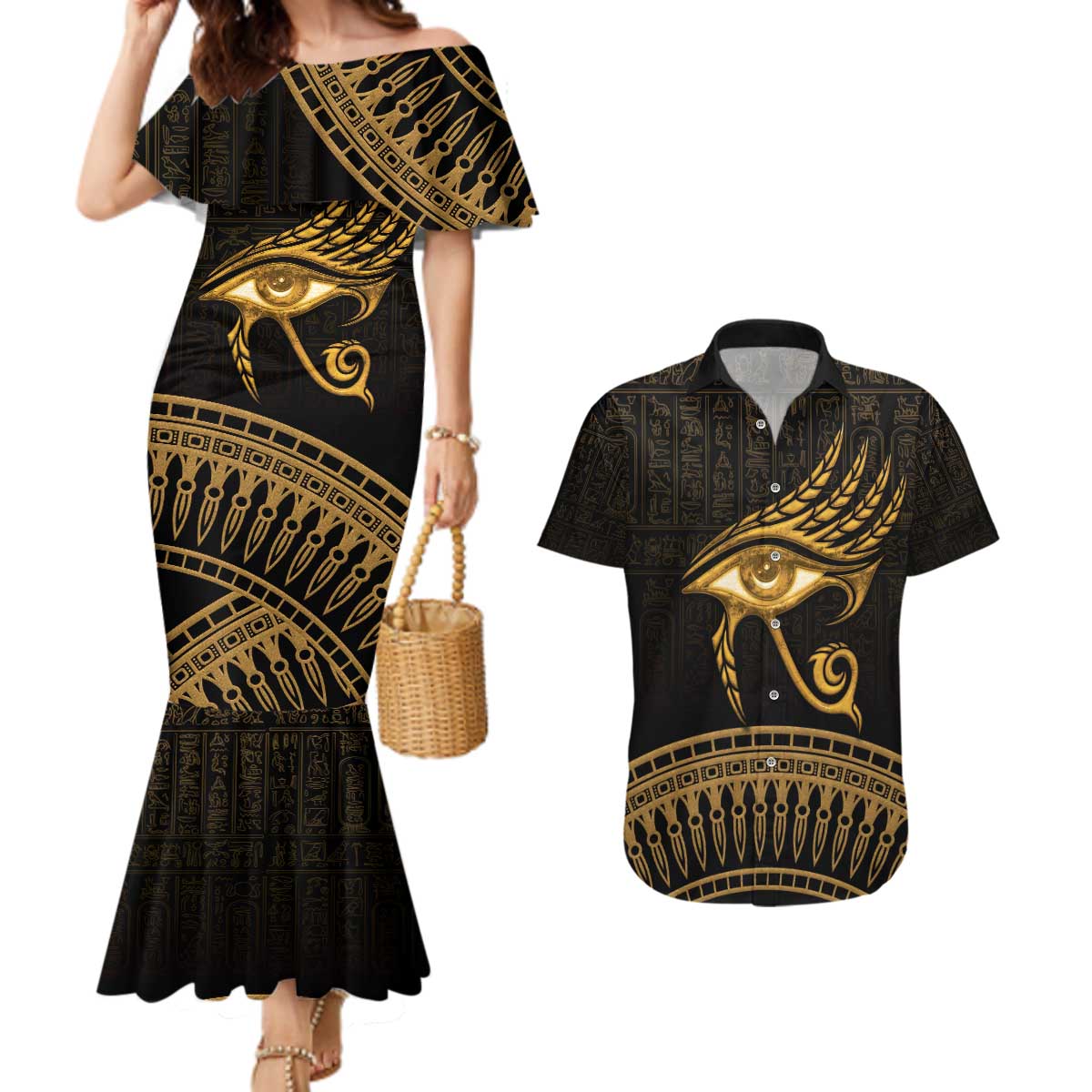 Ancient Egypt Eye of Horus Couples Matching Mermaid Dress and Hawaiian Shirt Gold Intricate Feathers