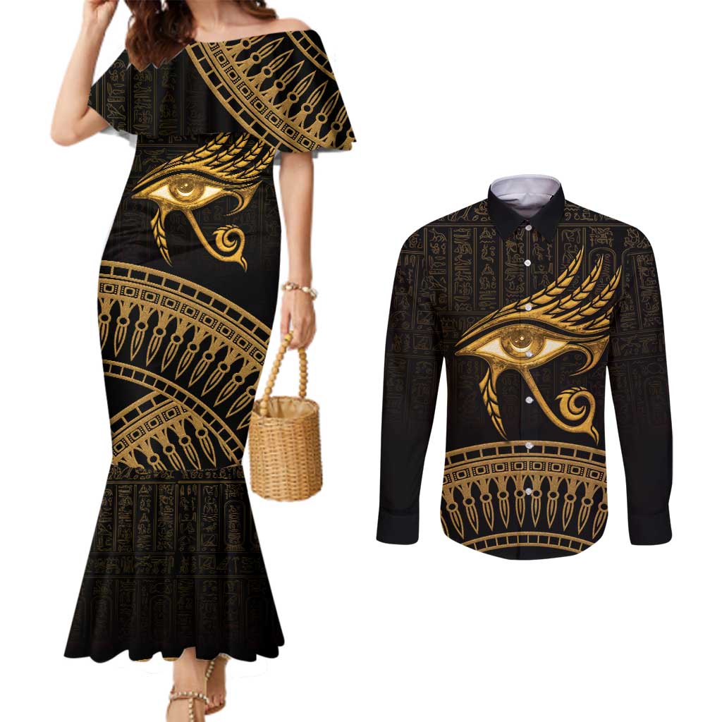 Ancient Egypt Eye of Horus Couples Matching Mermaid Dress and Long Sleeve Button Shirt Gold Intricate Feathers