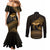 Ancient Egypt Eye of Horus Couples Matching Mermaid Dress and Long Sleeve Button Shirt Gold Intricate Feathers