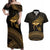 Ancient Egypt Eye of Horus Couples Matching Off Shoulder Maxi Dress and Hawaiian Shirt Gold Intricate Feathers