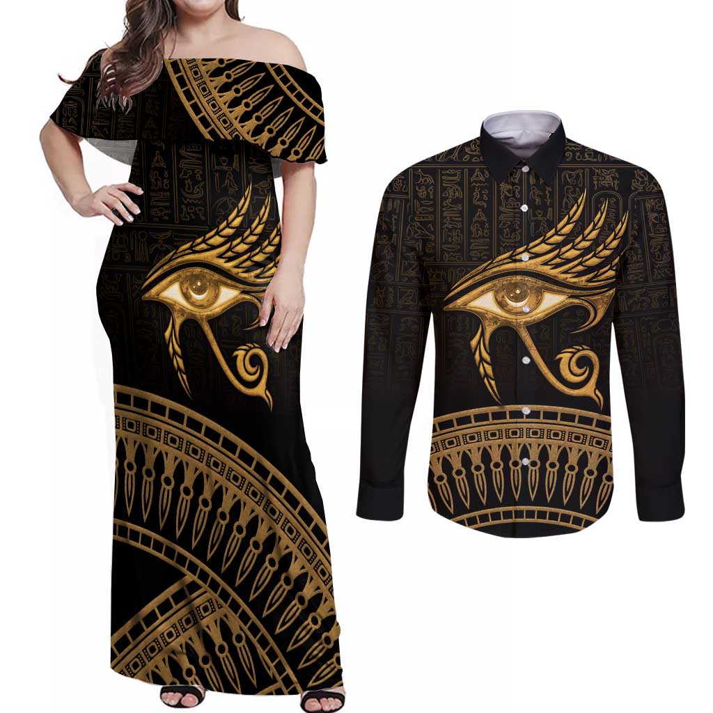 Ancient Egypt Eye of Horus Couples Matching Off Shoulder Maxi Dress and Long Sleeve Button Shirt Gold Intricate Feathers