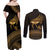 Ancient Egypt Eye of Horus Couples Matching Off Shoulder Maxi Dress and Long Sleeve Button Shirt Gold Intricate Feathers