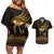 Ancient Egypt Eye of Horus Couples Matching Off Shoulder Short Dress and Hawaiian Shirt Gold Intricate Feathers