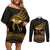 Ancient Egypt Eye of Horus Couples Matching Off Shoulder Short Dress and Long Sleeve Button Shirt Gold Intricate Feathers