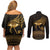 Ancient Egypt Eye of Horus Couples Matching Off Shoulder Short Dress and Long Sleeve Button Shirt Gold Intricate Feathers