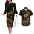 Ancient Egypt Eye of Horus Couples Matching Off The Shoulder Long Sleeve Dress and Hawaiian Shirt Gold Intricate Feathers