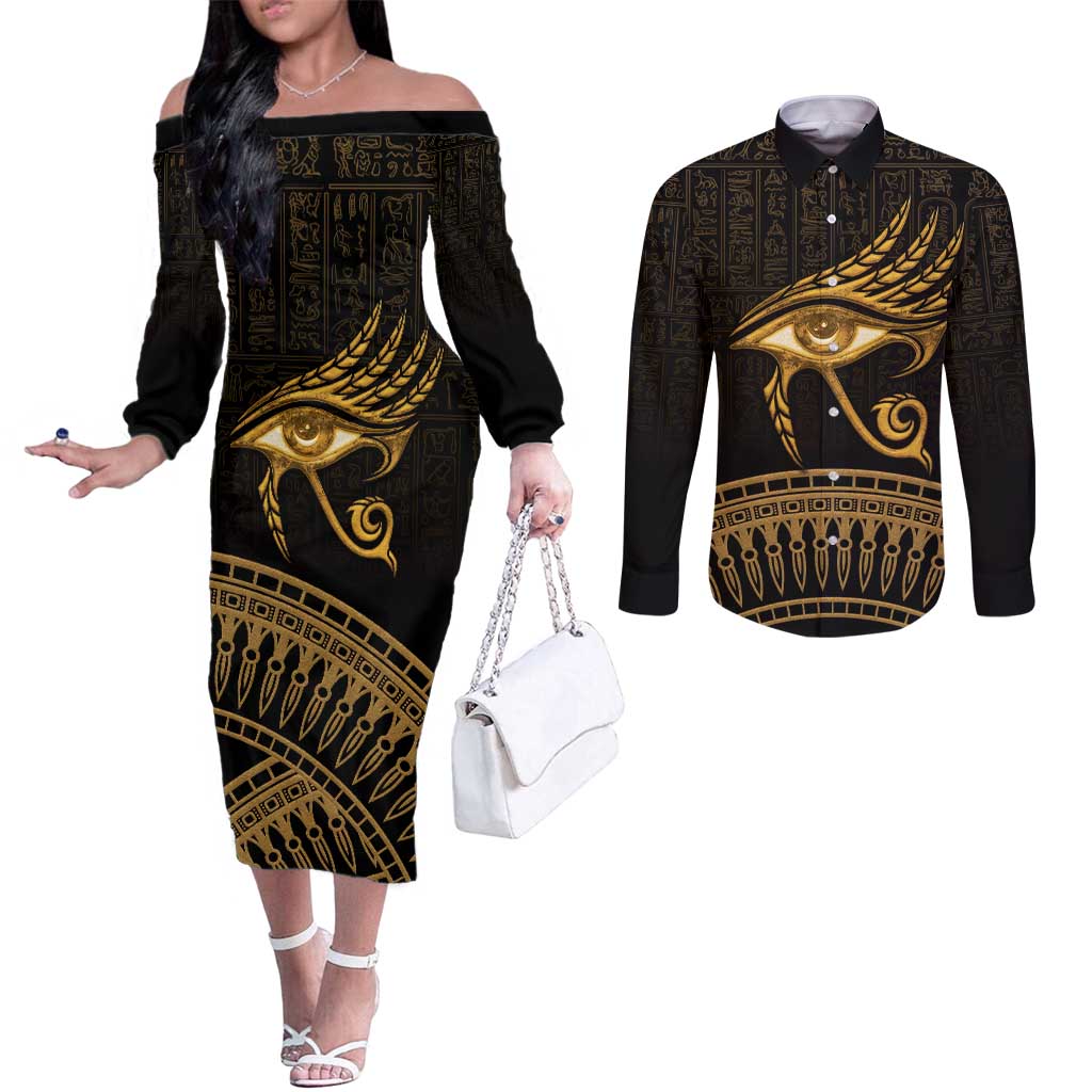 Ancient Egypt Eye of Horus Couples Matching Off The Shoulder Long Sleeve Dress and Long Sleeve Button Shirt Gold Intricate Feathers