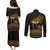 Ancient Egypt Eye of Horus Couples Matching Puletasi and Long Sleeve Button Shirt Gold Intricate Feathers