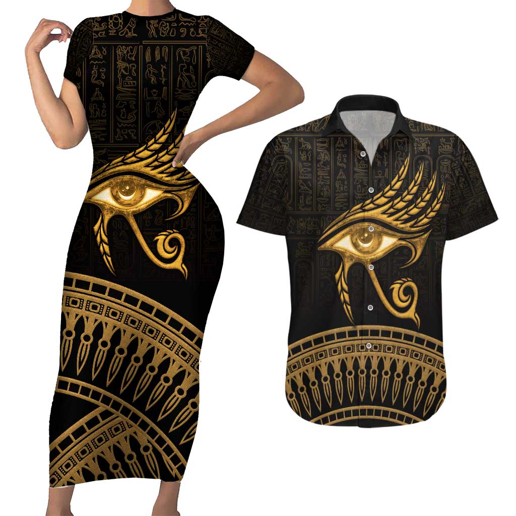 Ancient Egypt Eye of Horus Couples Matching Short Sleeve Bodycon Dress and Hawaiian Shirt Gold Intricate Feathers