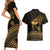 Ancient Egypt Eye of Horus Couples Matching Short Sleeve Bodycon Dress and Hawaiian Shirt Gold Intricate Feathers