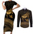 Ancient Egypt Eye of Horus Couples Matching Short Sleeve Bodycon Dress and Long Sleeve Button Shirt Gold Intricate Feathers