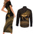 Ancient Egypt Eye of Horus Couples Matching Short Sleeve Bodycon Dress and Long Sleeve Button Shirt Gold Intricate Feathers