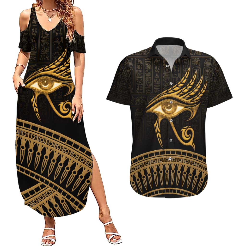 Ancient Egypt Eye of Horus Couples Matching Summer Maxi Dress and Hawaiian Shirt Gold Intricate Feathers