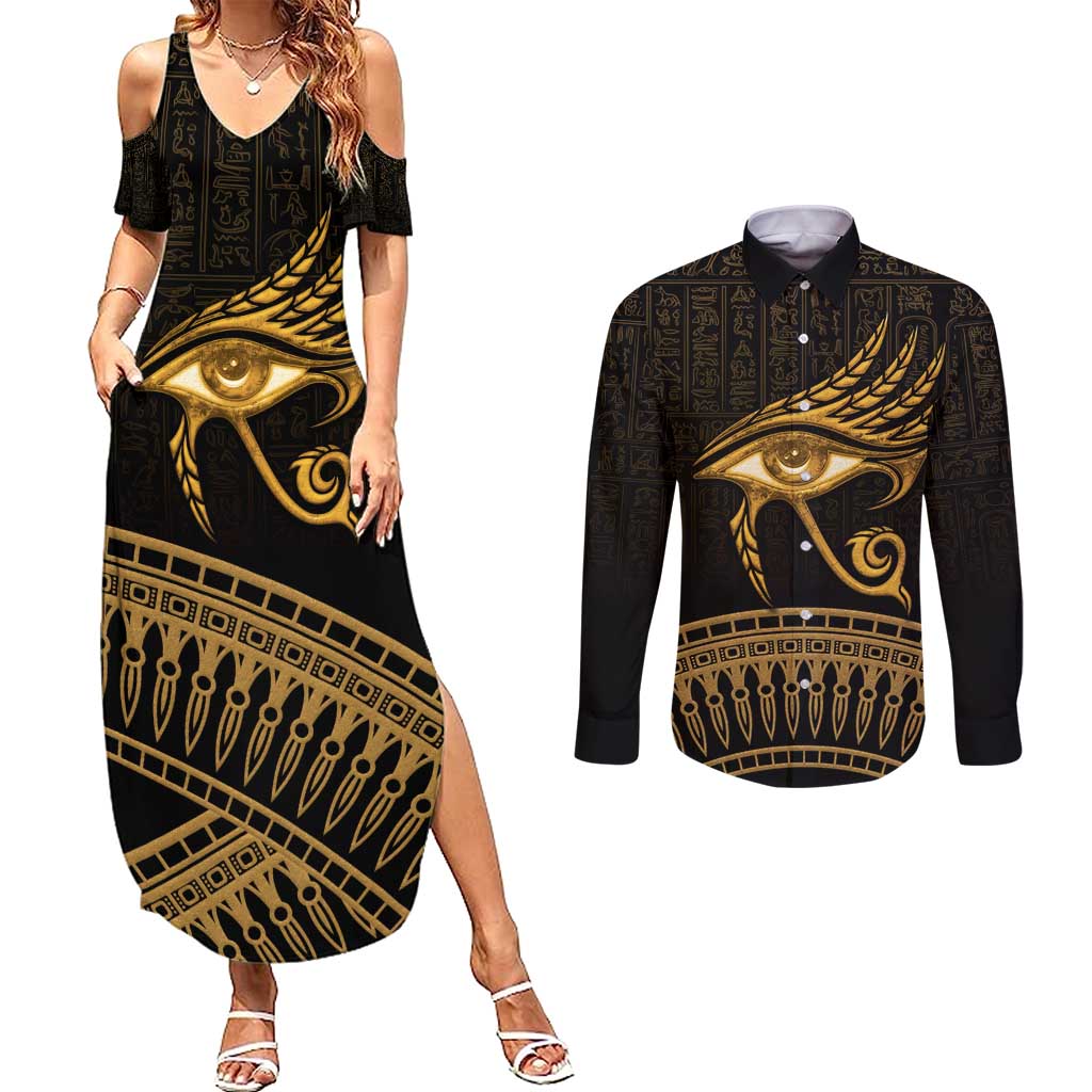 Ancient Egypt Eye of Horus Couples Matching Summer Maxi Dress and Long Sleeve Button Shirt Gold Intricate Feathers