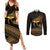 Ancient Egypt Eye of Horus Couples Matching Summer Maxi Dress and Long Sleeve Button Shirt Gold Intricate Feathers