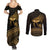 Ancient Egypt Eye of Horus Couples Matching Summer Maxi Dress and Long Sleeve Button Shirt Gold Intricate Feathers