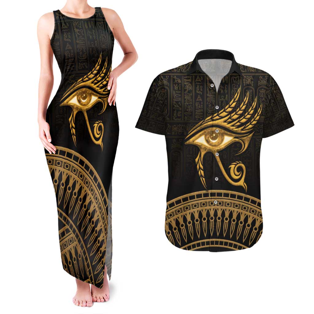 Ancient Egypt Eye of Horus Couples Matching Tank Maxi Dress and Hawaiian Shirt Gold Intricate Feathers