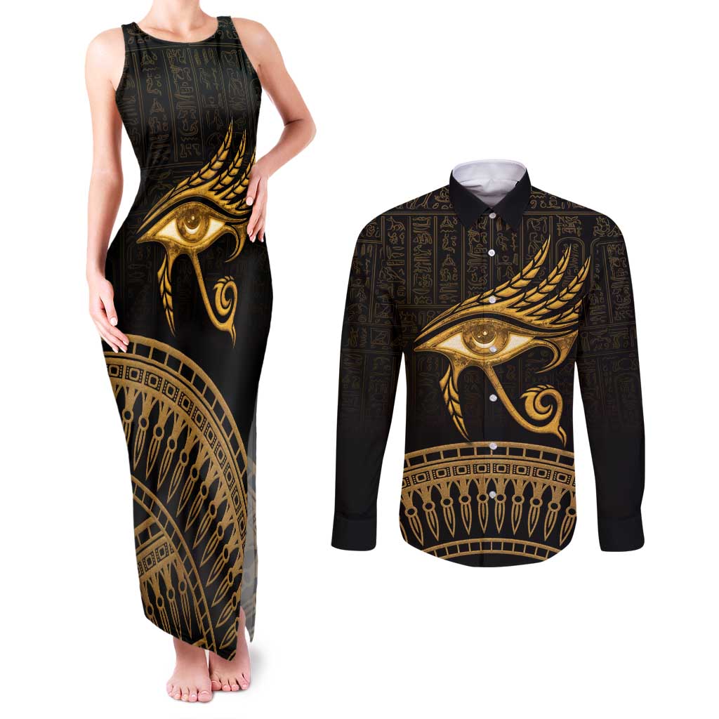 Ancient Egypt Eye of Horus Couples Matching Tank Maxi Dress and Long Sleeve Button Shirt Gold Intricate Feathers