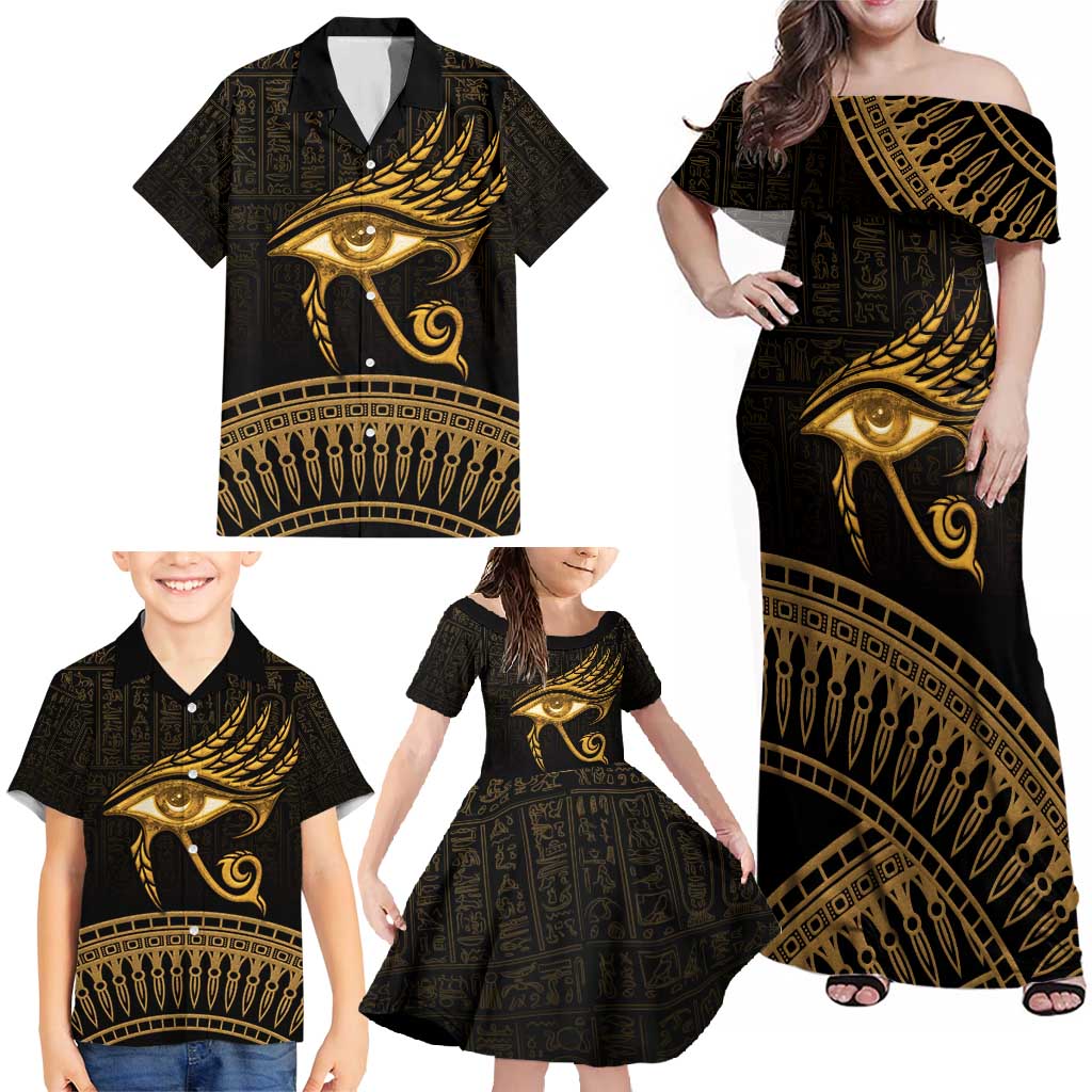 Ancient Egypt Eye of Horus Family Matching Off Shoulder Maxi Dress and Hawaiian Shirt Gold Intricate Feathers