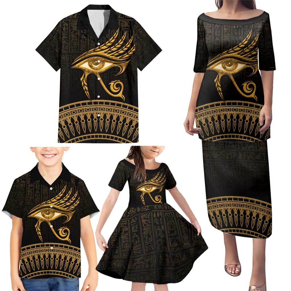 Ancient Egypt Eye of Horus Family Matching Puletasi and Hawaiian Shirt Gold Intricate Feathers