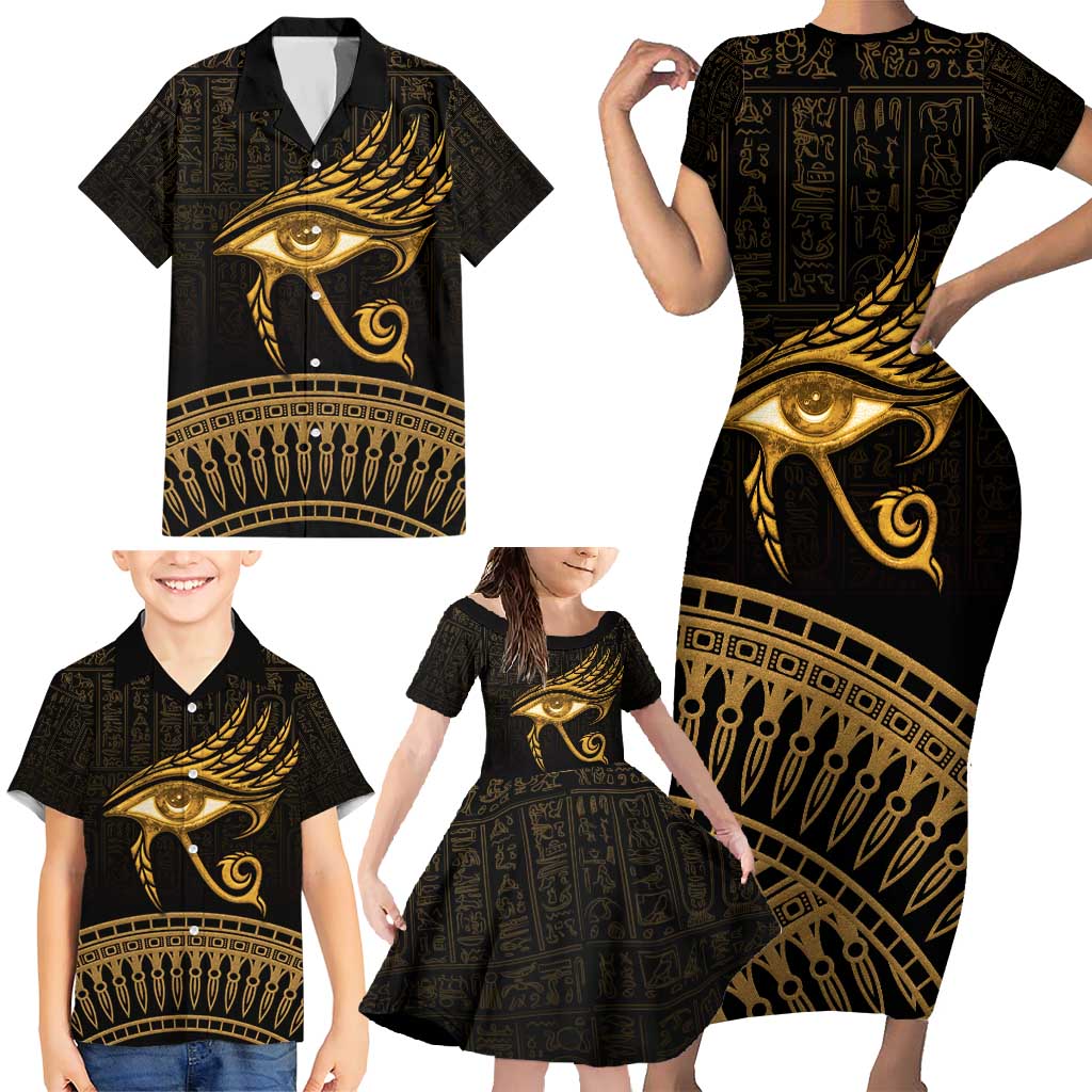 Ancient Egypt Eye of Horus Family Matching Short Sleeve Bodycon Dress and Hawaiian Shirt Gold Intricate Feathers