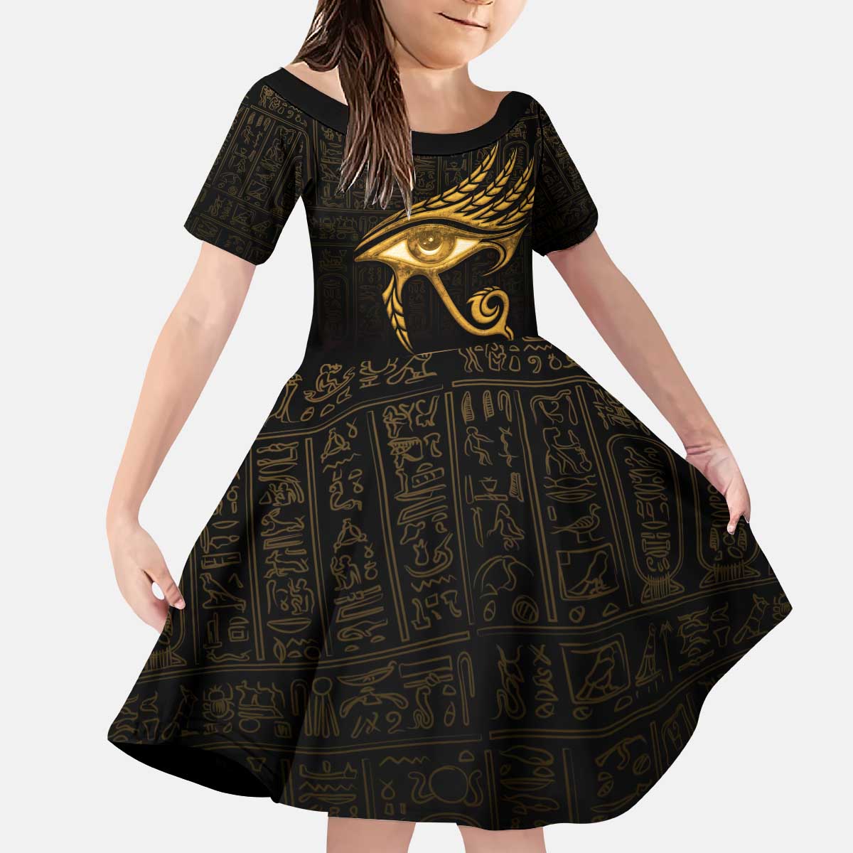 Ancient Egypt Eye of Horus Kid Short Sleeve Dress Gold Intricate Feathers