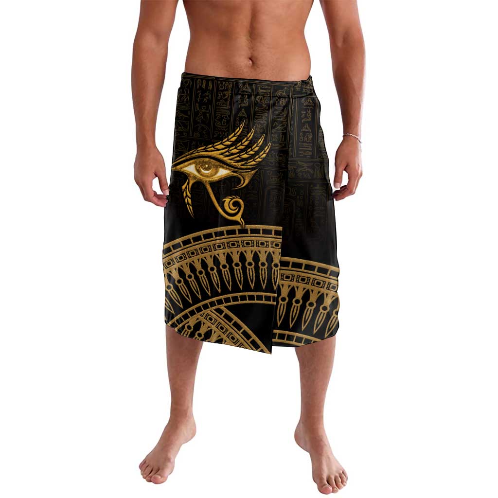 Black and gold patterned lavalava with Eye of Horus and feather design