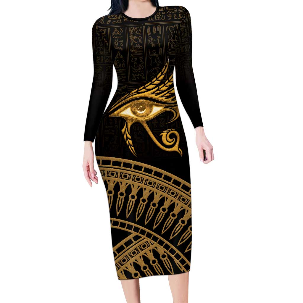 Ancient Egypt Eye of Horus Long Sleeve Bodycon Dress Gold Intricate Feathers