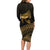 Ancient Egypt Eye of Horus Long Sleeve Bodycon Dress Gold Intricate Feathers