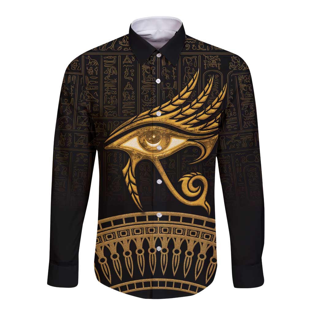 Black long sleeve button shirt with gold Eye of Horus feather graphic, front.