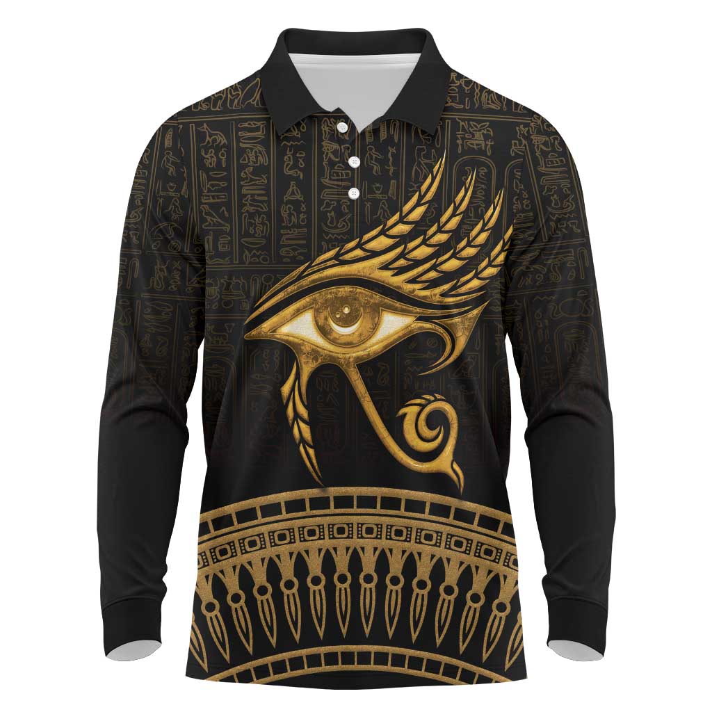 Ancient Egypt Eye of Horus Long Sleeve Polo Shirt Gold Intricate Feathers