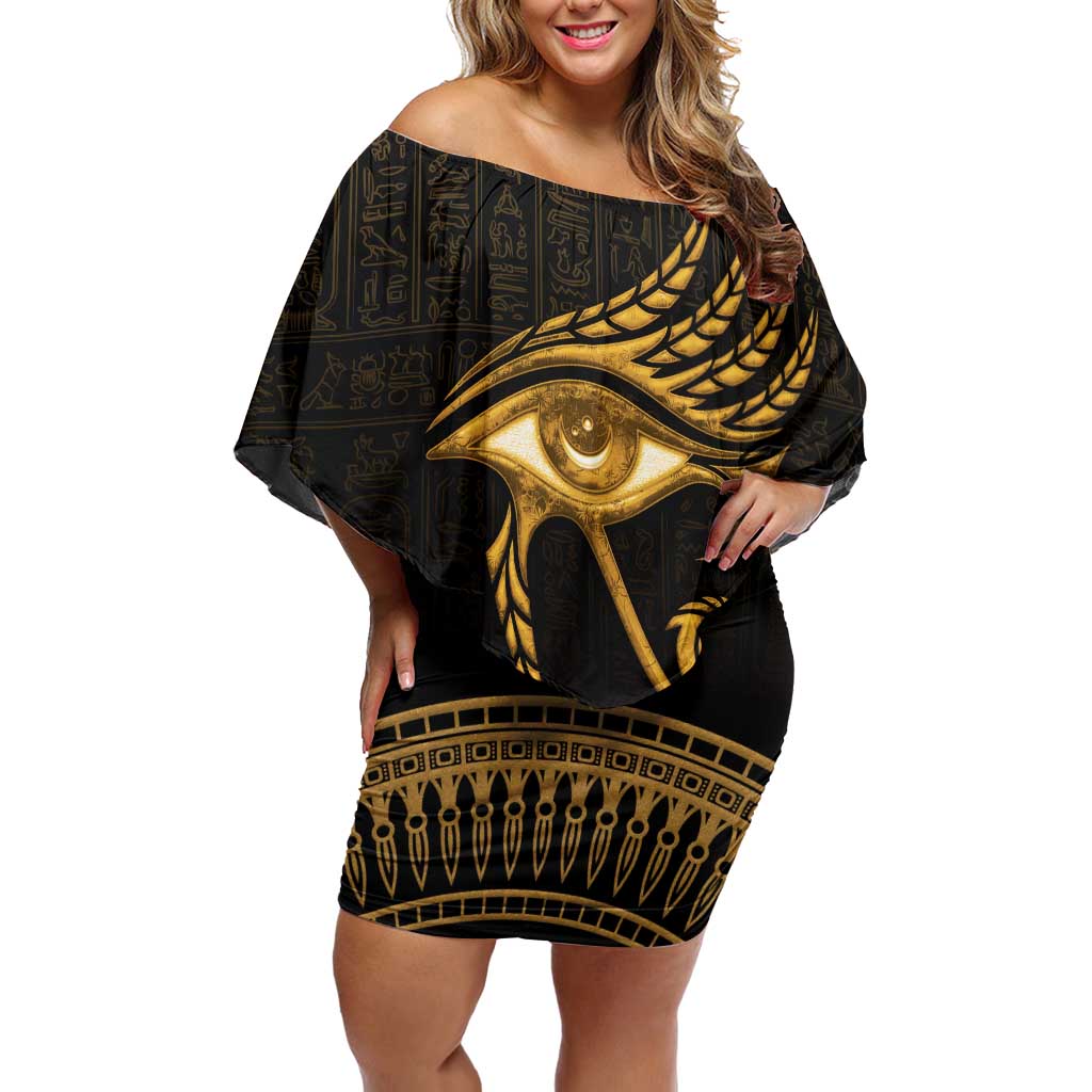 Ancient Egypt Eye of Horus Off Shoulder Short Dress Gold Intricate Feathers