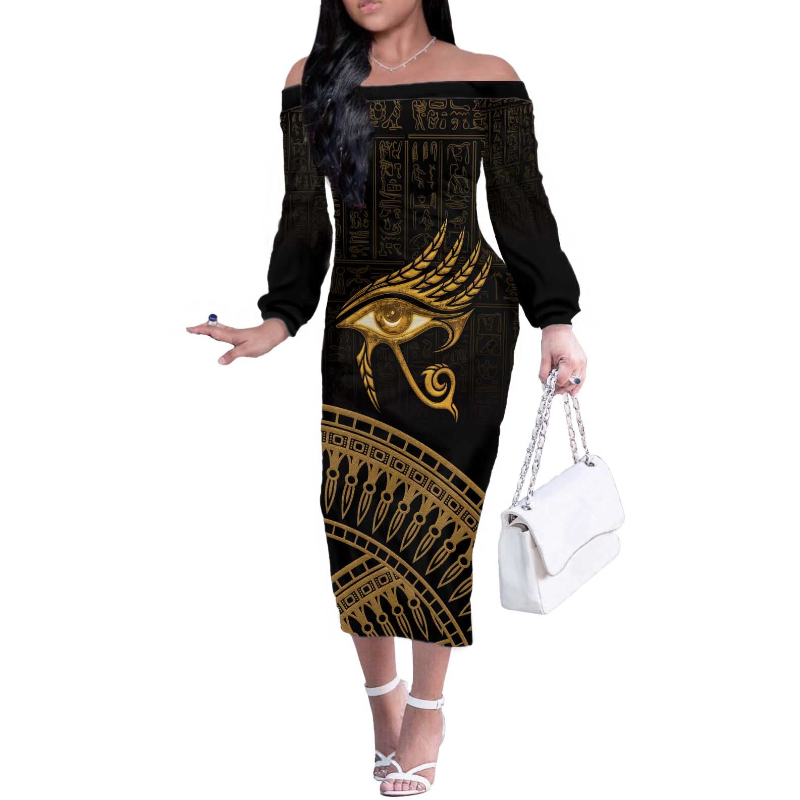 Ancient Egypt Eye of Horus Off The Shoulder Long Sleeve Dress Gold Intricate Feathers