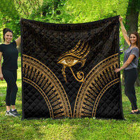 Black and gold Eye of Horus quilt with large central feather eye and arched borders