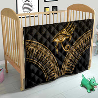 Black and gold Eye of Horus quilt with feather pattern, quilted diamond texture