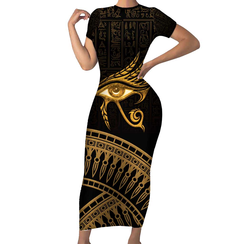 Ancient Egypt Eye of Horus Short Sleeve Bodycon Dress Gold Intricate Feathers