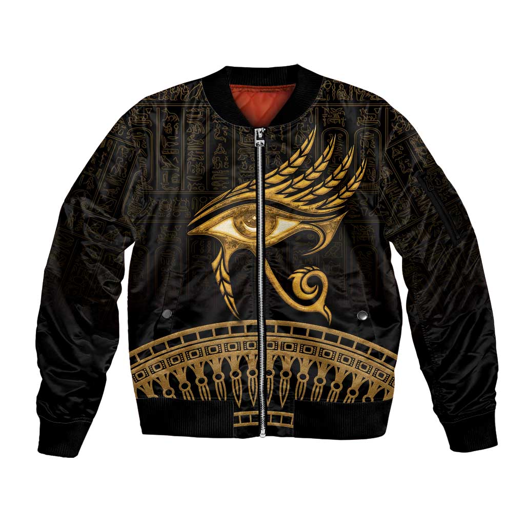 Ancient Egypt Eye of Horus Sleeve Zip Bomber Jacket Gold Intricate Feathers