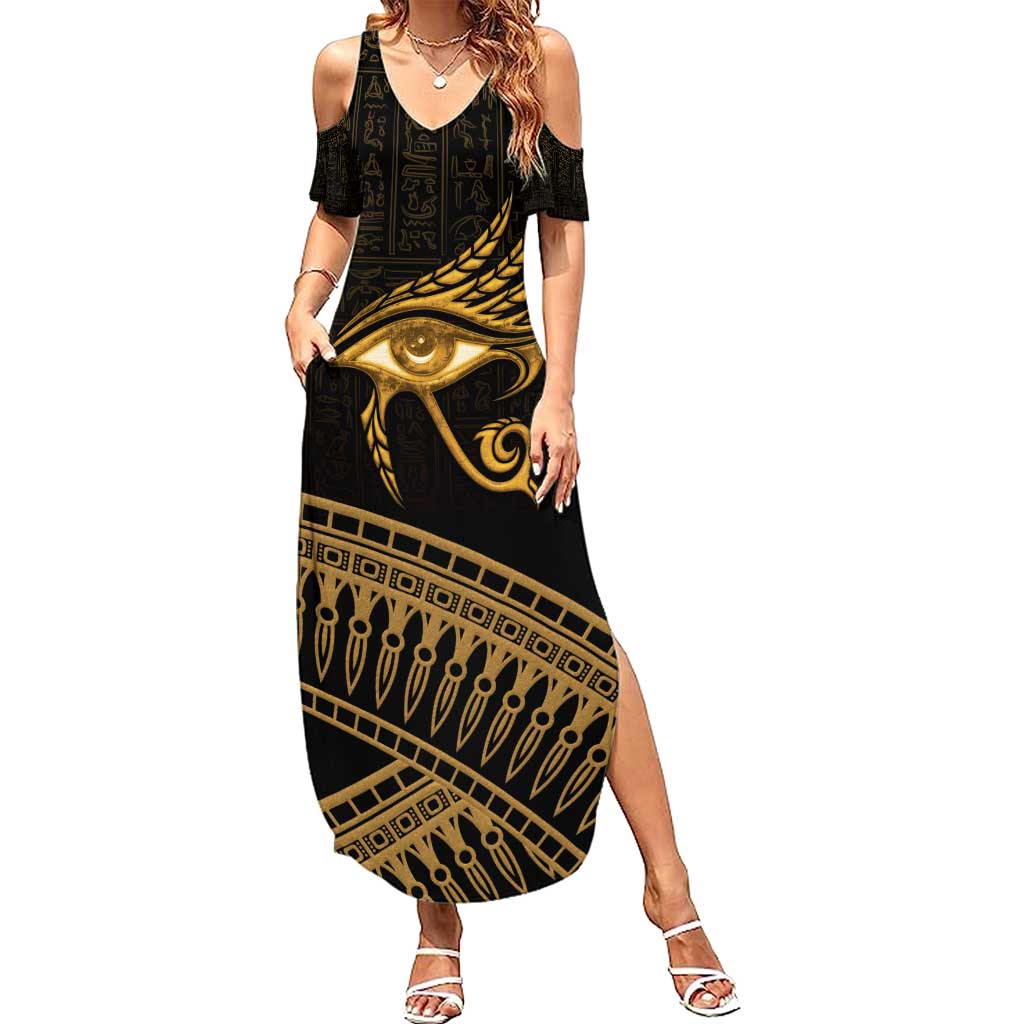 Ancient Egypt Eye of Horus Summer Maxi Dress Gold Intricate Feathers