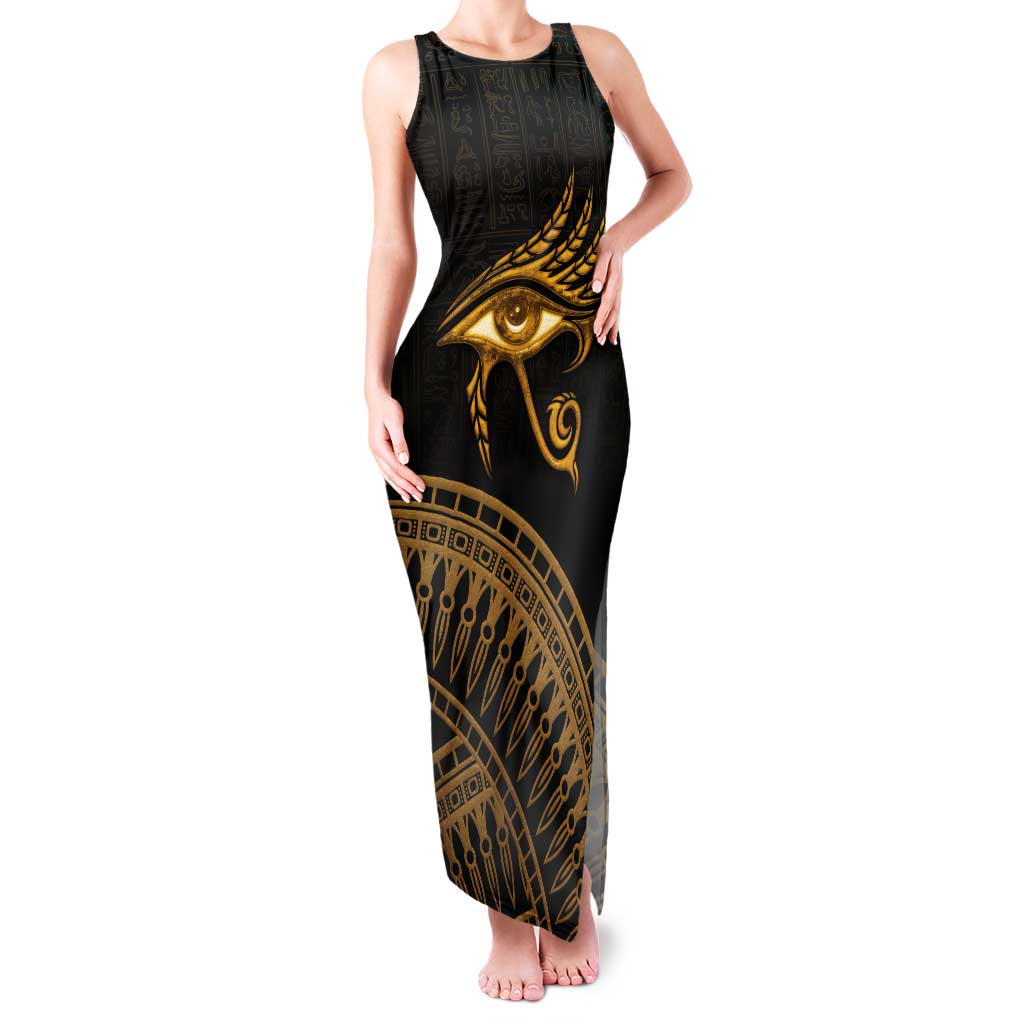 Ancient Egypt Eye of Horus Tank Maxi Dress Gold Intricate Feathers